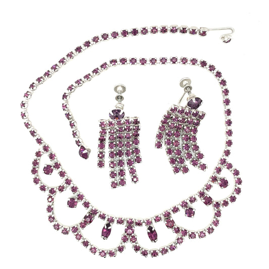 Vintage Joseph Wiesner Necklace and Screw Back Earring Set Purple Rhinestones