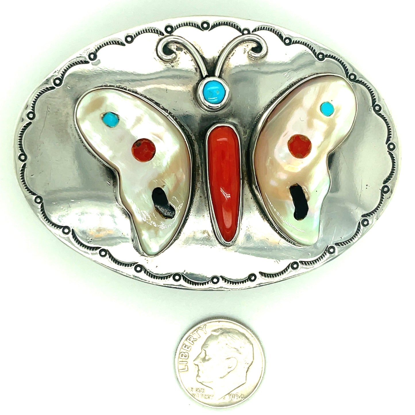 Southwestern Zuni Sterling Silver Inlay Butterfly Belt Buckle 54.1 grams