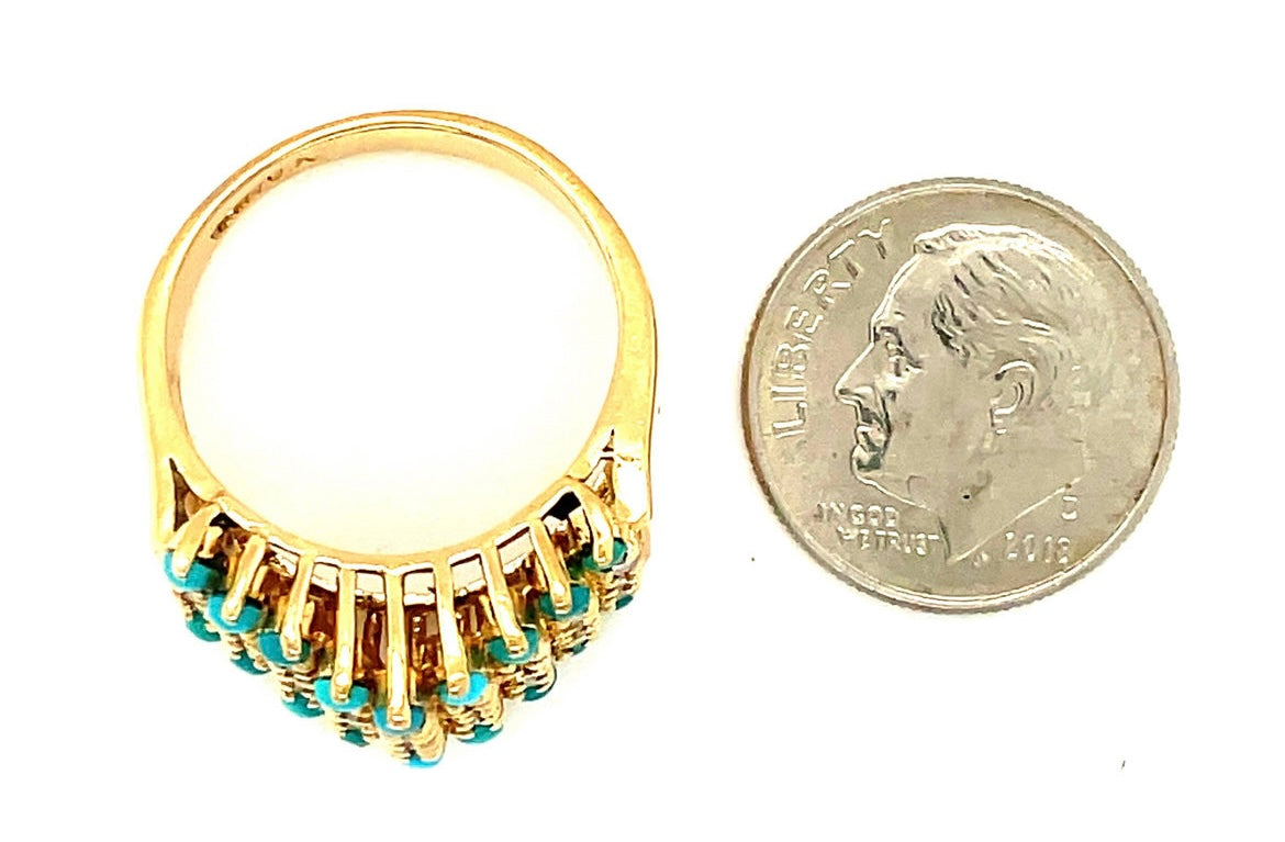 Vintage 14k Yellow Gold Turquiose Cabachon And Diamond Ring Size 7 1/2