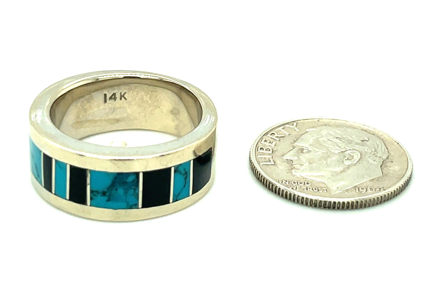 14k White Gold Turquoise and Black Jade Ring Size 5 Patrick Barnes 8.5 grams