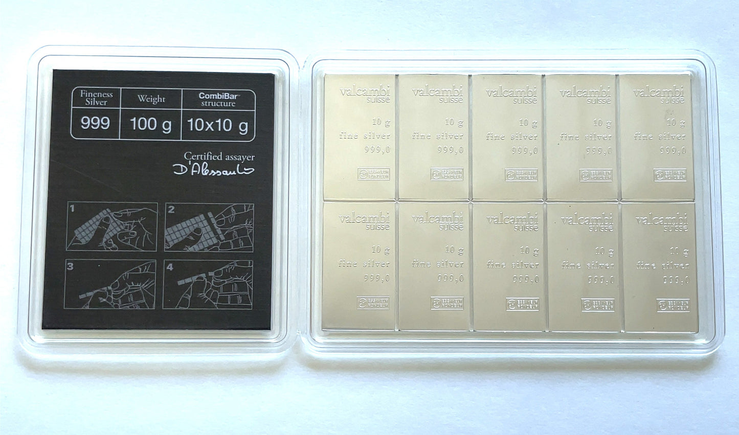 Valcambi Suisse 999 100g Fine Silver CombiBar 10 x 10 g Assay Card Break Apart