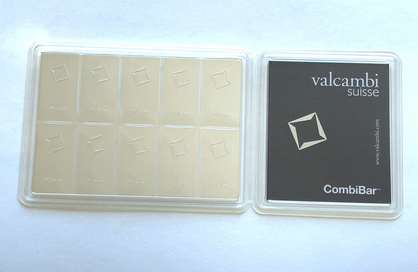 Valcambi Suisse 999 100g Fine Silver CombiBar 10 x 10 g Assay Card Break Apart