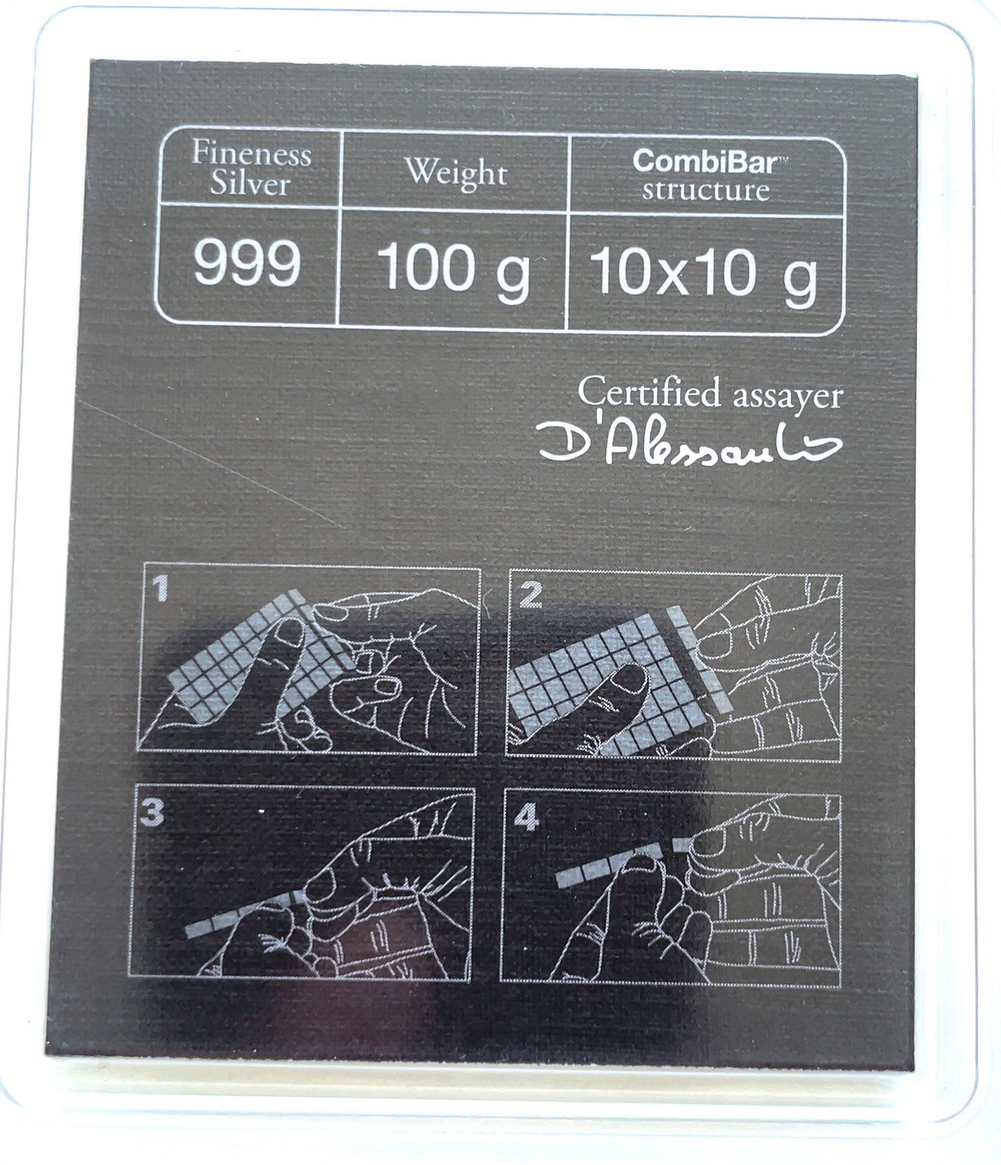 Valcambi Suisse 999 100g Fine Silver CombiBar 10 x 10 g Assay Card Break Apart