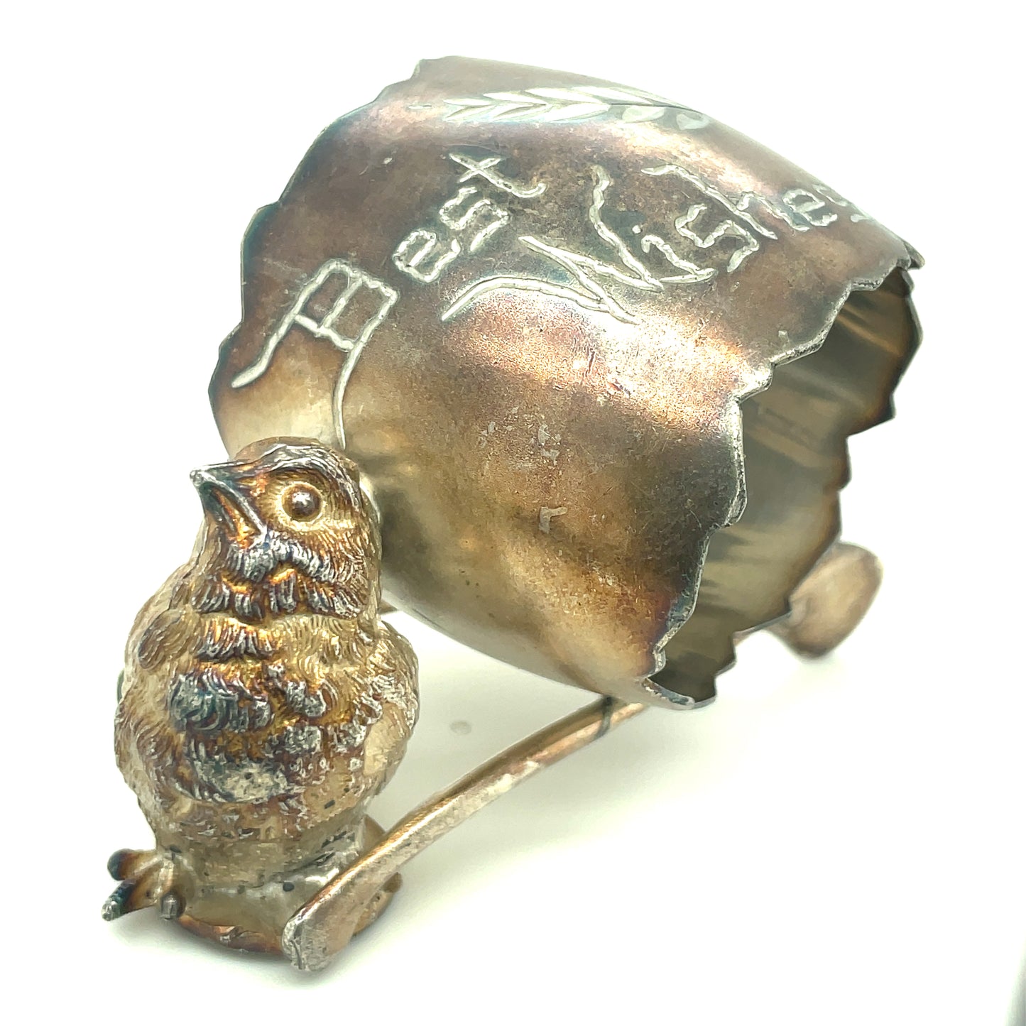 Antique Derby Silver CO Silver-plate Bird Napkin Ring Best Wishes Wishbone 335
