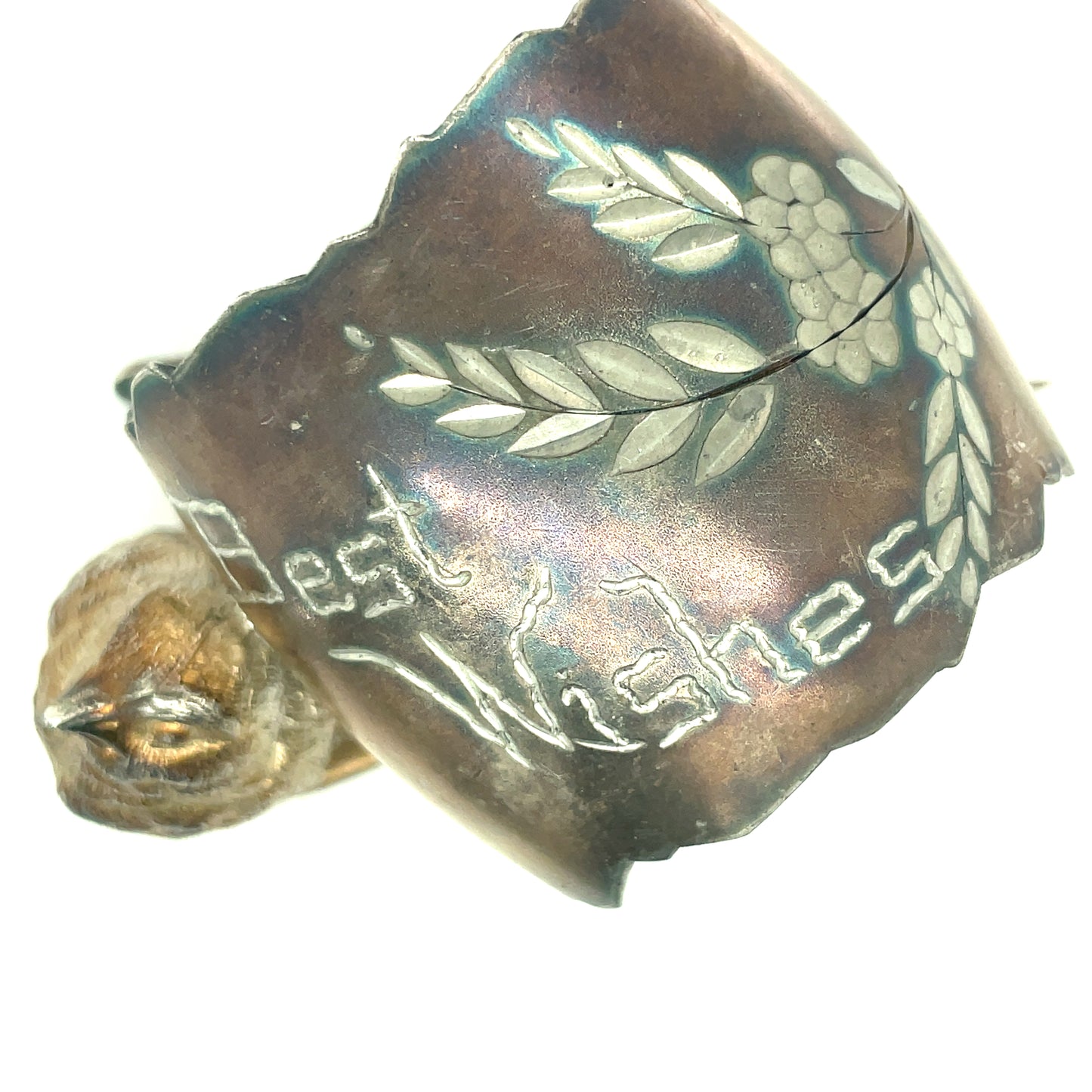 Antique Derby Silver CO Silver-plate Bird Napkin Ring Best Wishes Wishbone 335