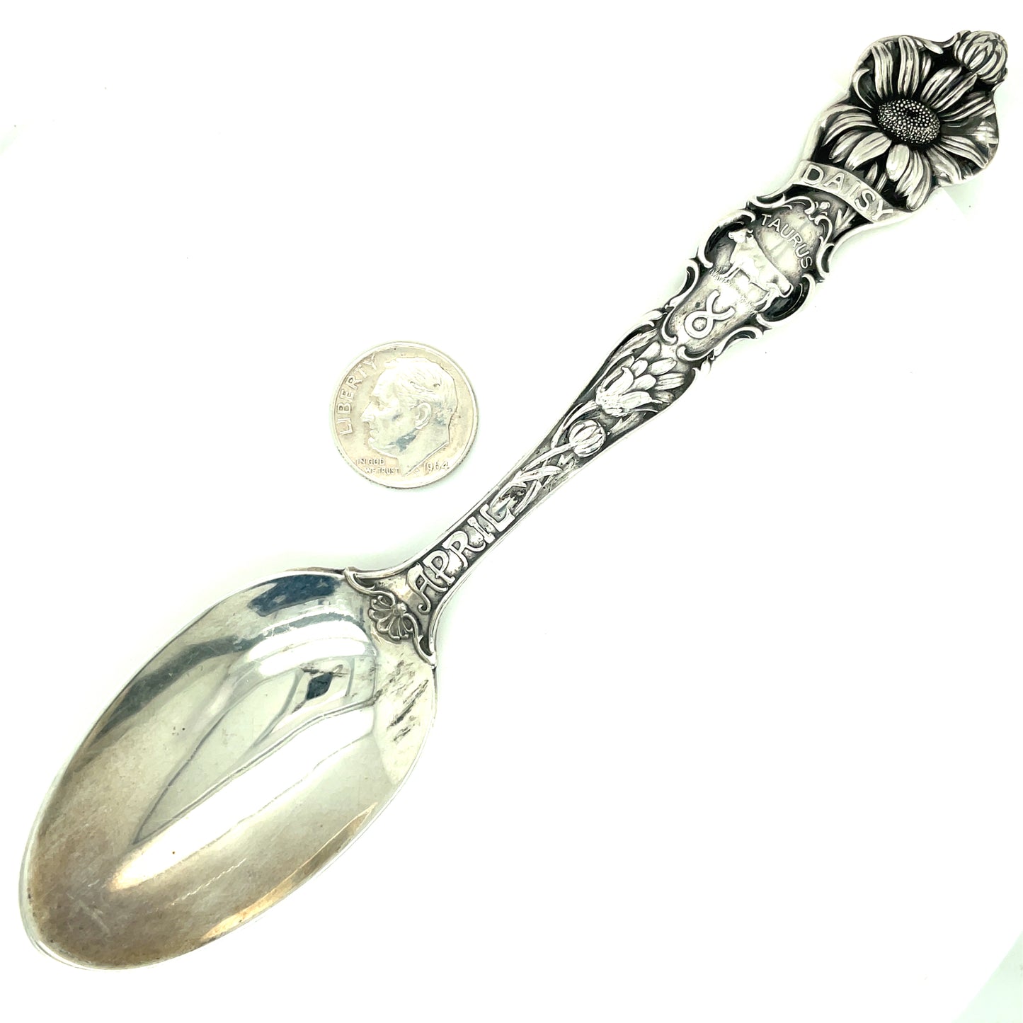 Vintage R. Wallace & Sons April Sterling Silver Spoon Daisy Taurus Monogram