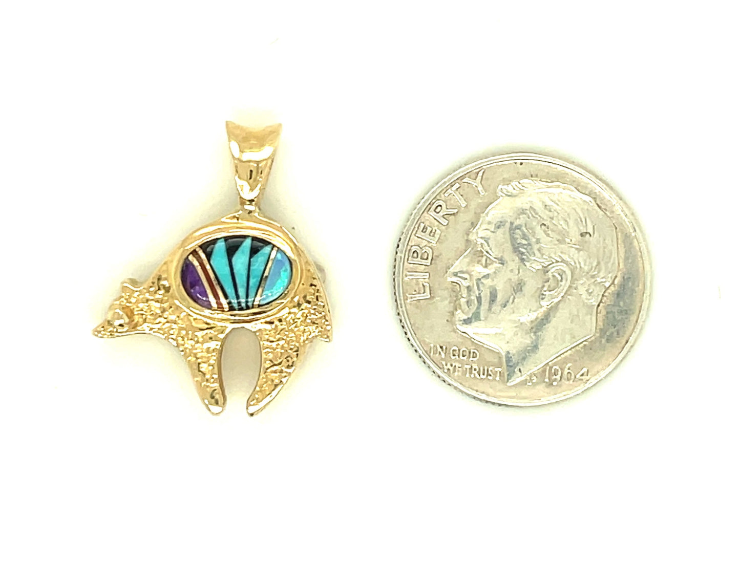 Vintage Southwestern 14k Yellow Gold Inlay Fetish Bear Pendant Reversible 4.7g