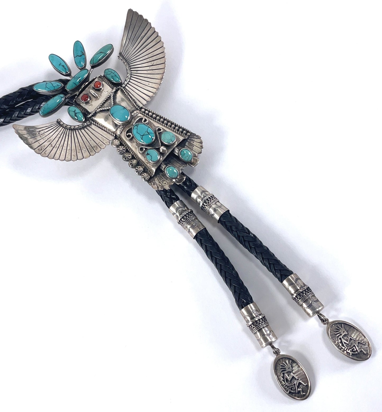 Vintage Jim Ray Eagle Dancer Sterling Silver Turquoise Coral Bolo Tie Navajo Southwestern