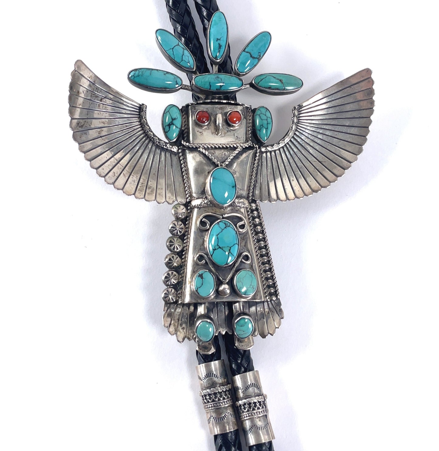 Vintage Jim Ray Eagle Dancer Sterling Silver Turquoise Coral Bolo Tie Navajo Southwestern