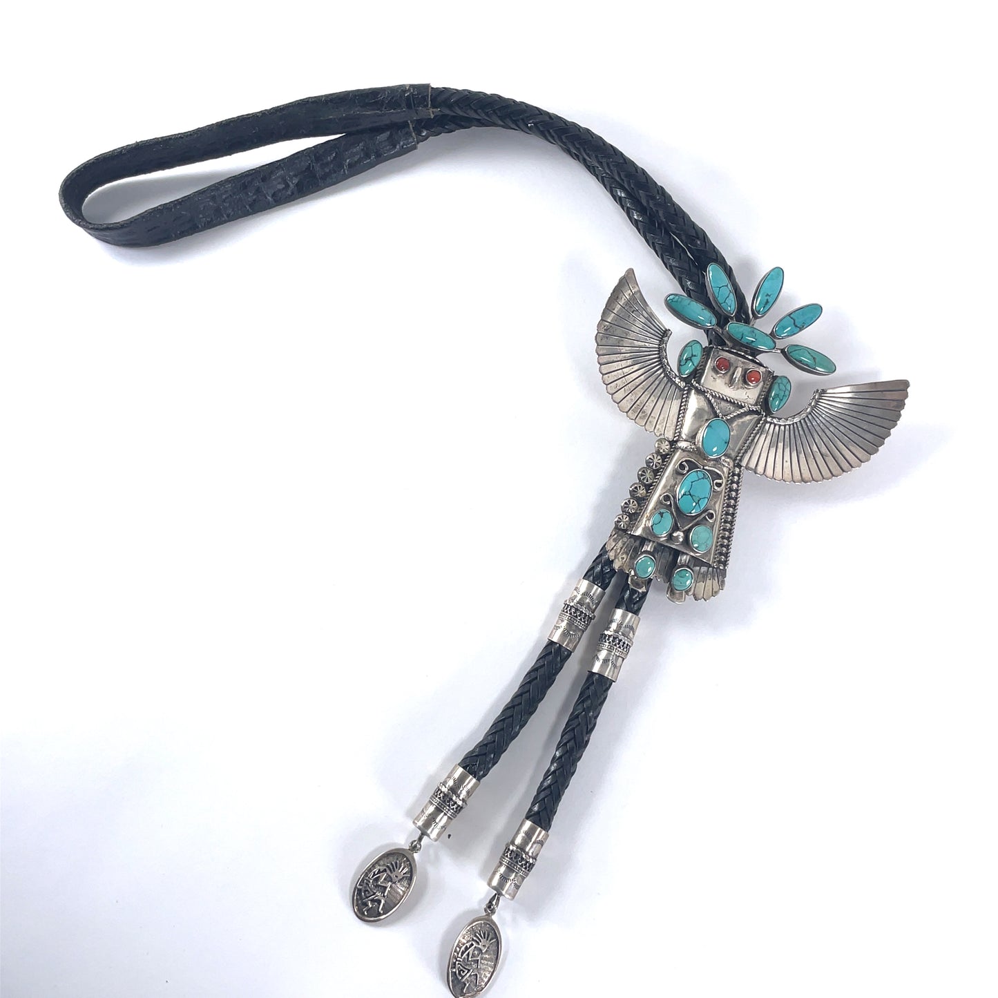 Vintage Jim Ray Eagle Dancer Sterling Silver Turquoise Coral Bolo Tie Navajo Southwestern