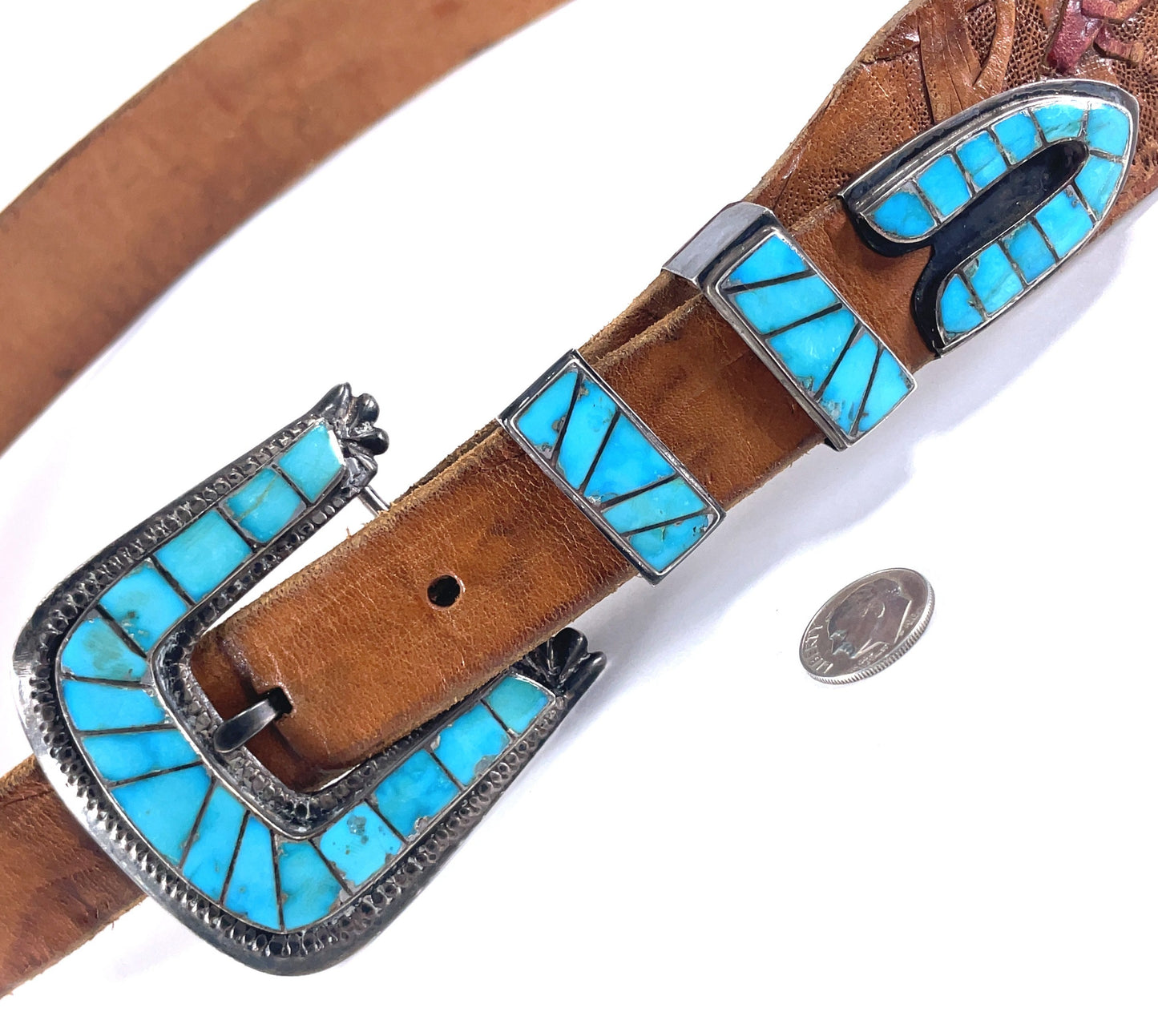 Vintage Sterling Silver and Turquoise Leather Belt Southwestern