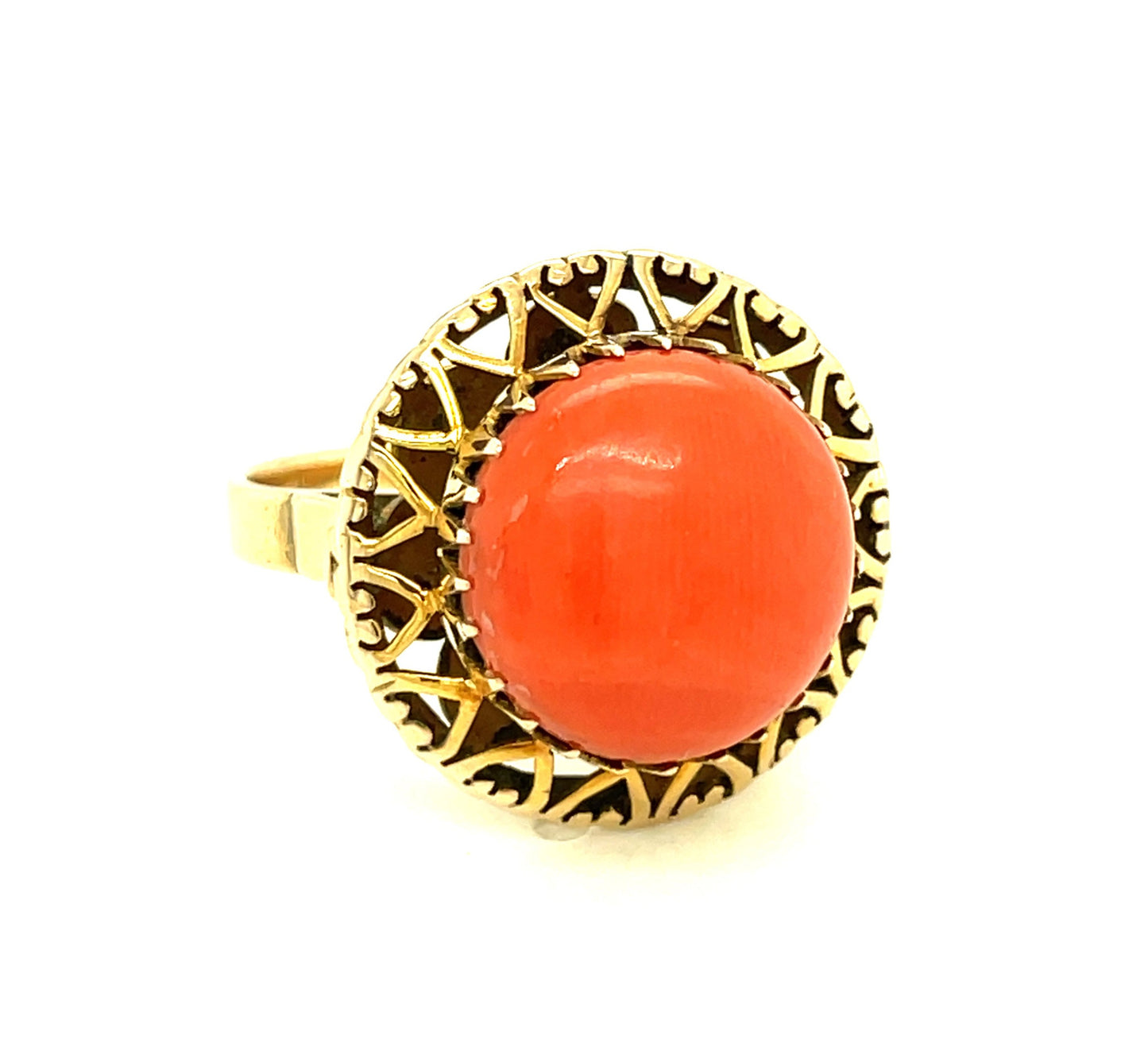 Vintage 14k Yellow Gold and Coral Filigree Ring Size 7 1/2