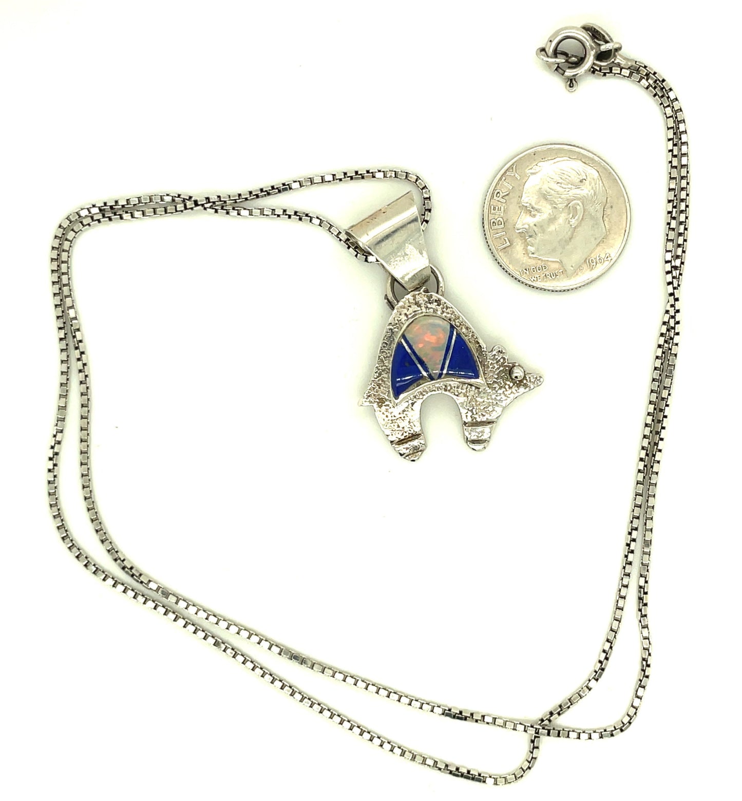 Vintage Sterling Silver and Inlay Fetish Bear Necklace Southwestern