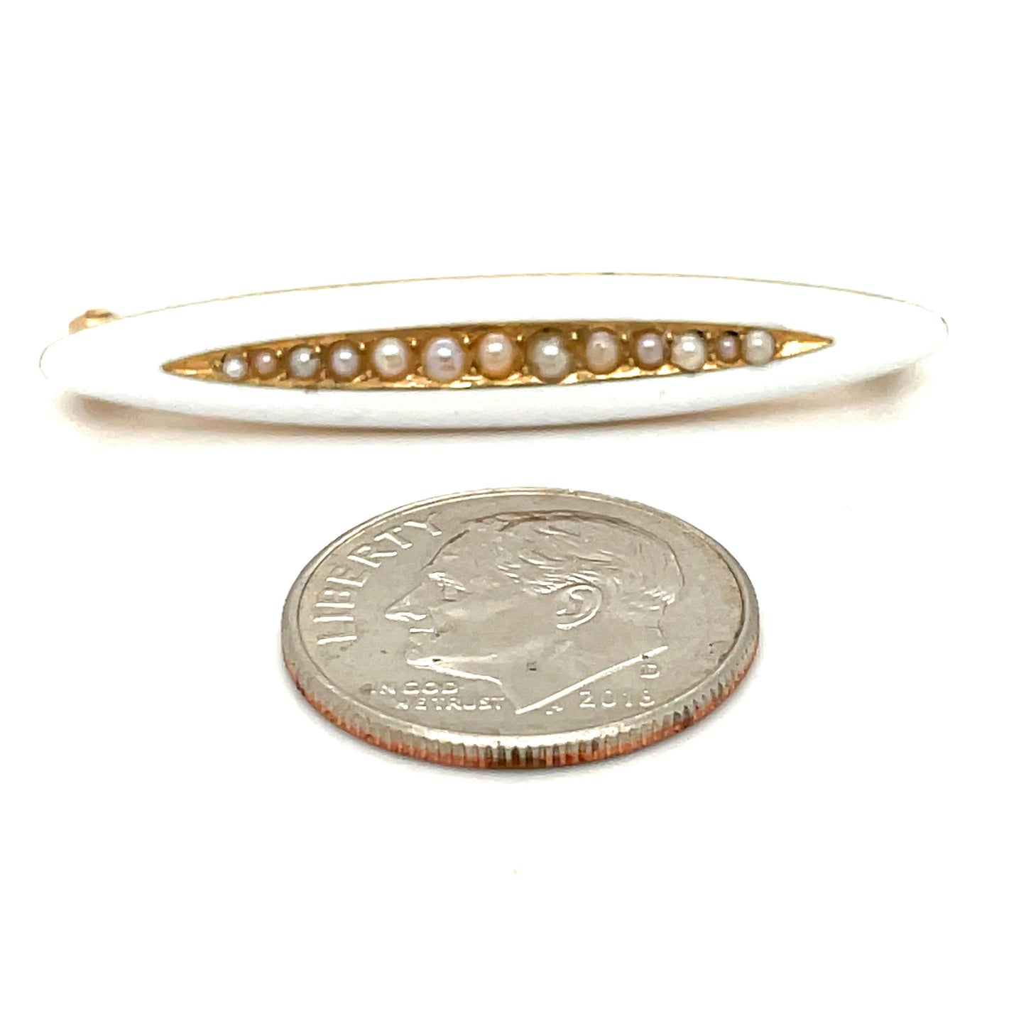 VIctorian 14k Yellow Gold Seed Pearls White Enamel Pin