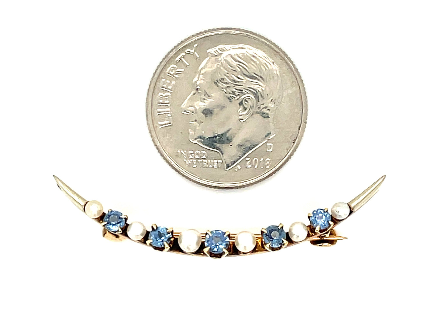 14k Yellow Gold Sapphire and Pearl Cresent Pin 1.8g