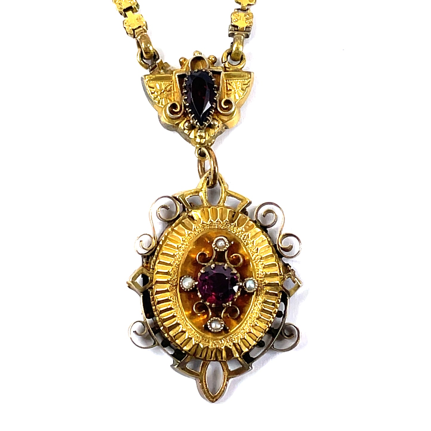 Victorian Gold Filled Bookchain Necklace Garnet Seed Pearl