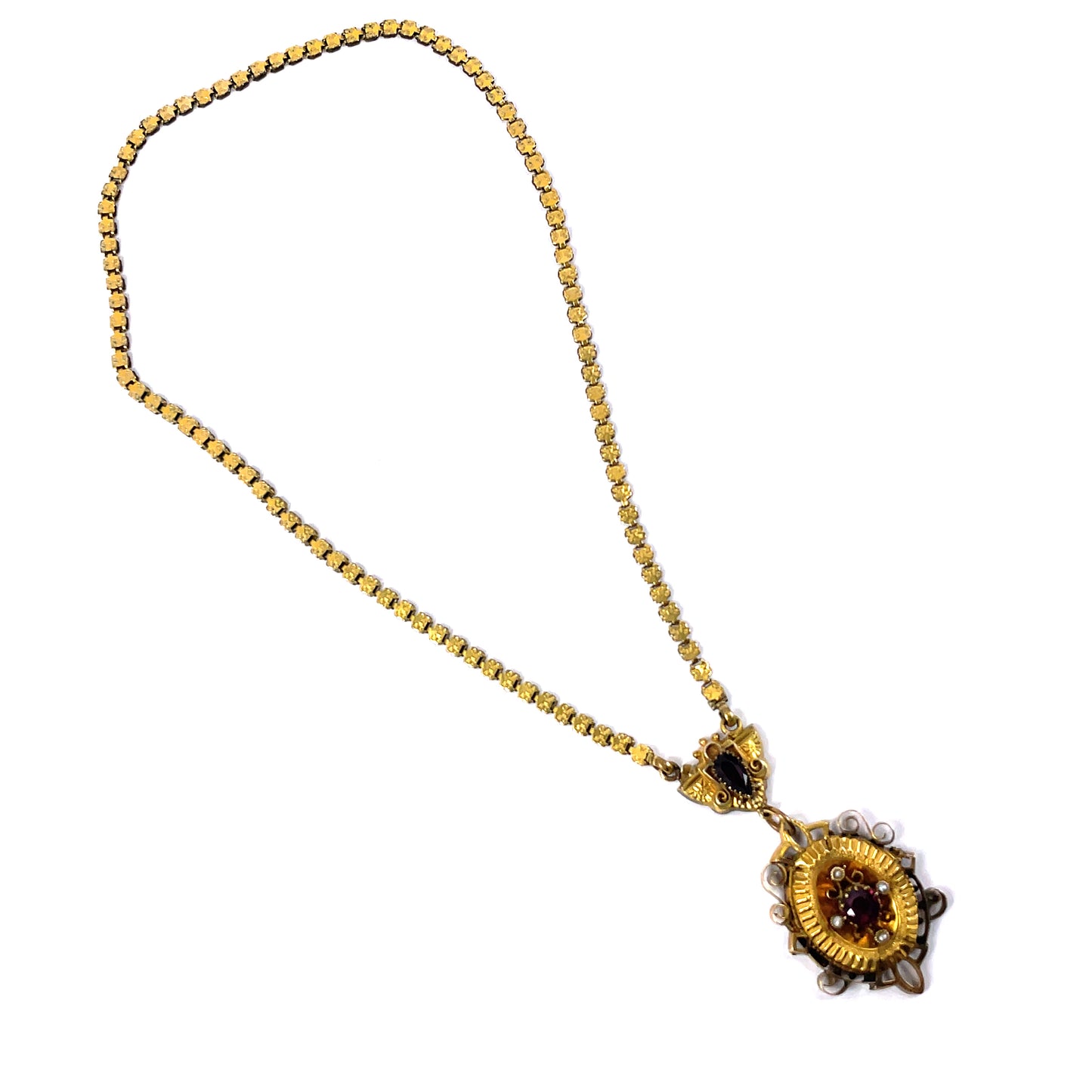 Victorian Gold Filled Bookchain Necklace Garnet Seed Pearl