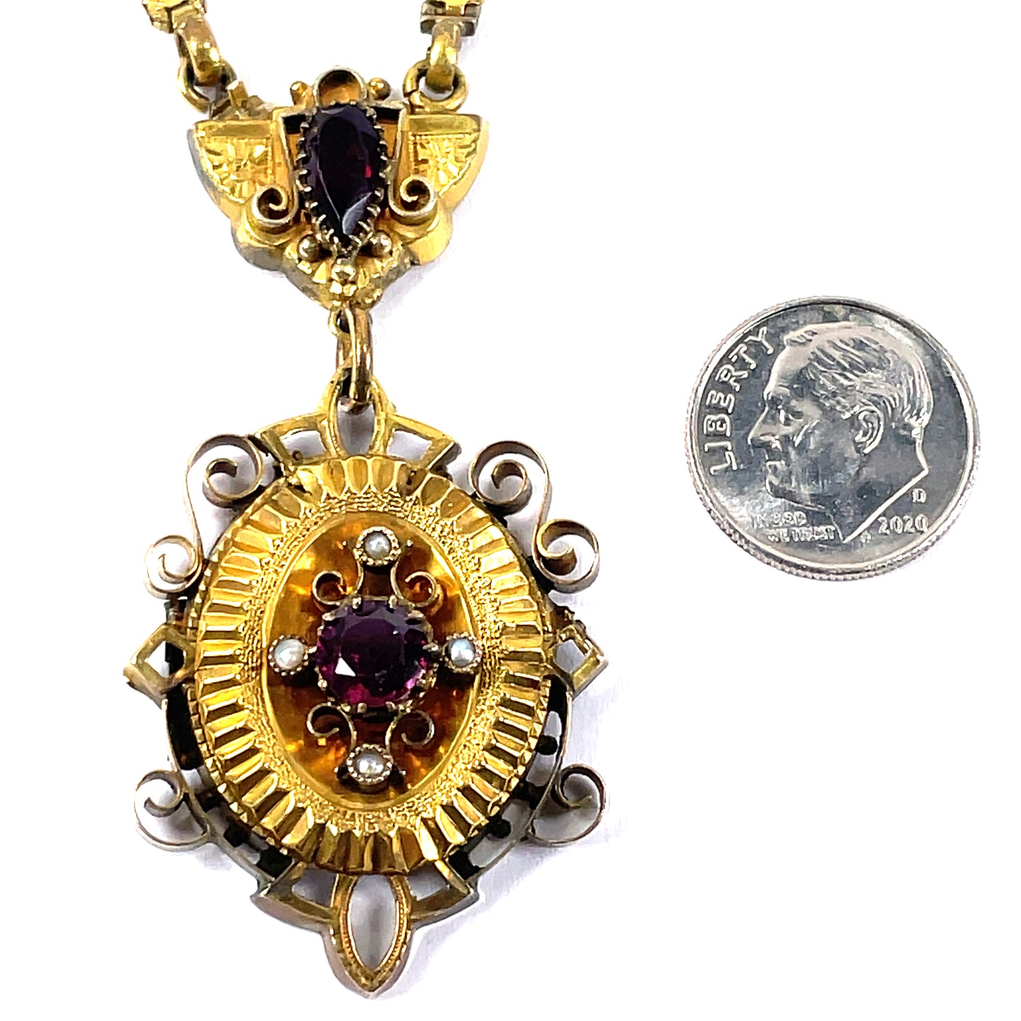 Victorian Gold Filled Bookchain Necklace Garnet Seed Pearl