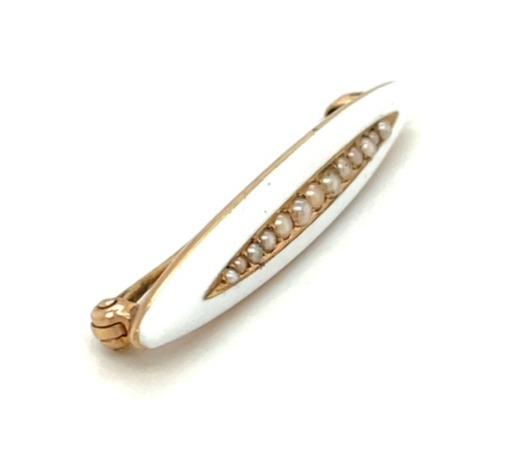 VIctorian 14k Yellow Gold Seed Pearls White Enamel Pin