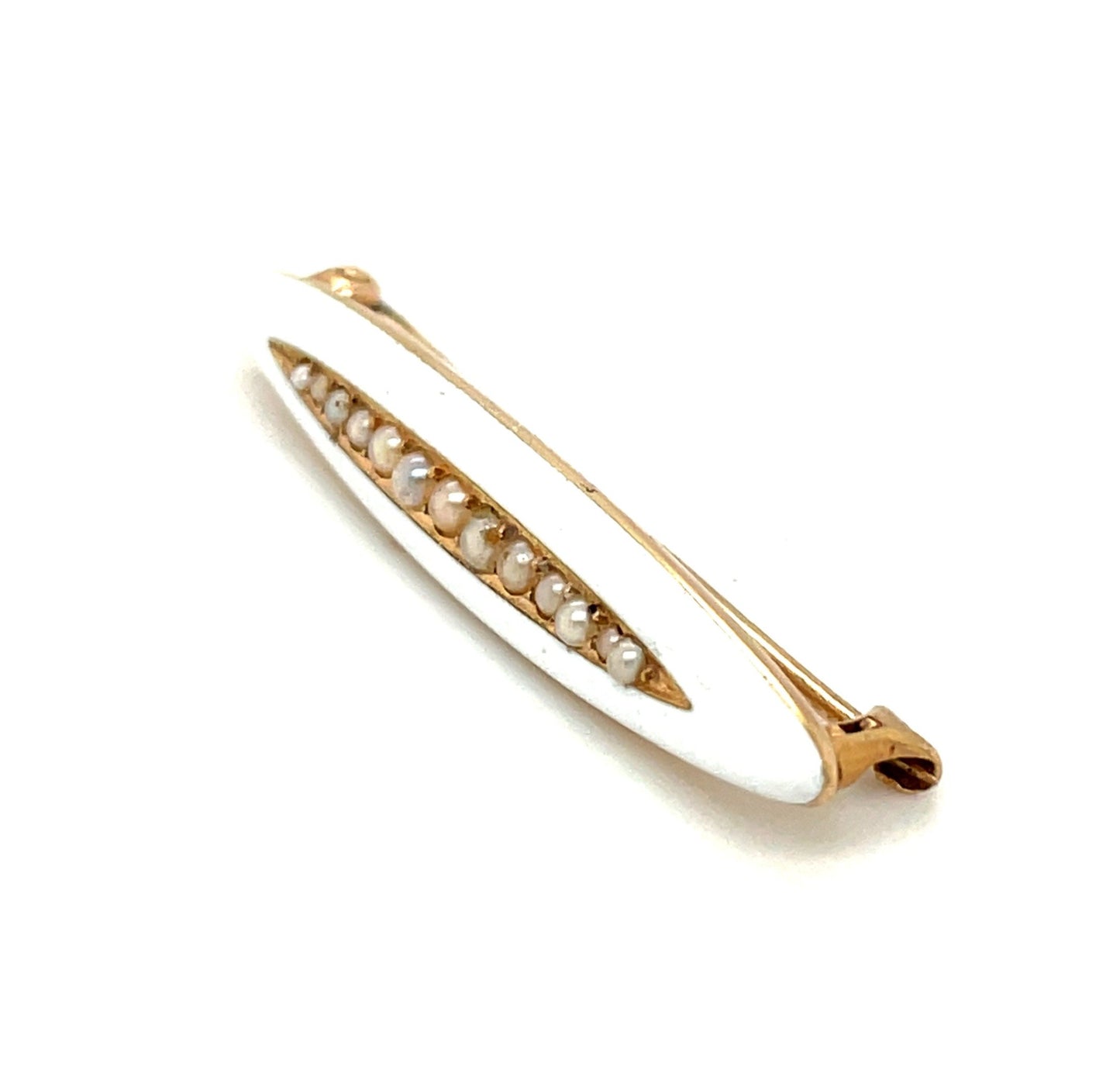 VIctorian 14k Yellow Gold Seed Pearls White Enamel Pin