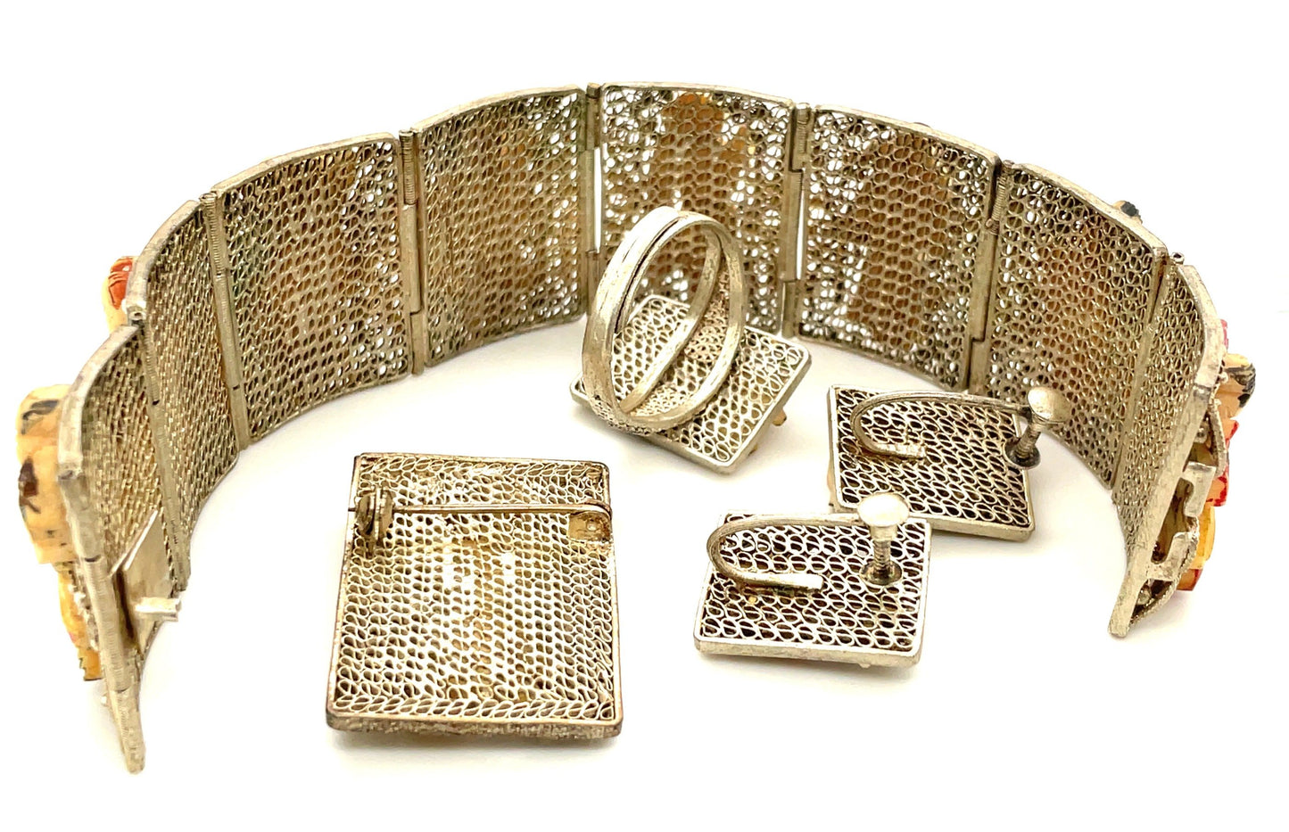 Vintage Carved Bone Chinese Immortal Gods Bracelet Ring Brooch Earrings Set