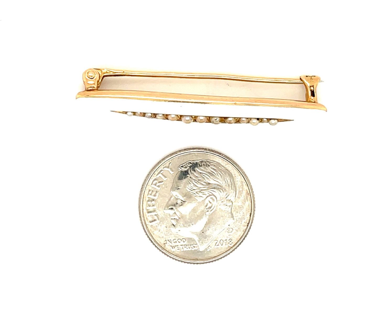 VIctorian 14k Yellow Gold Seed Pearls White Enamel Pin