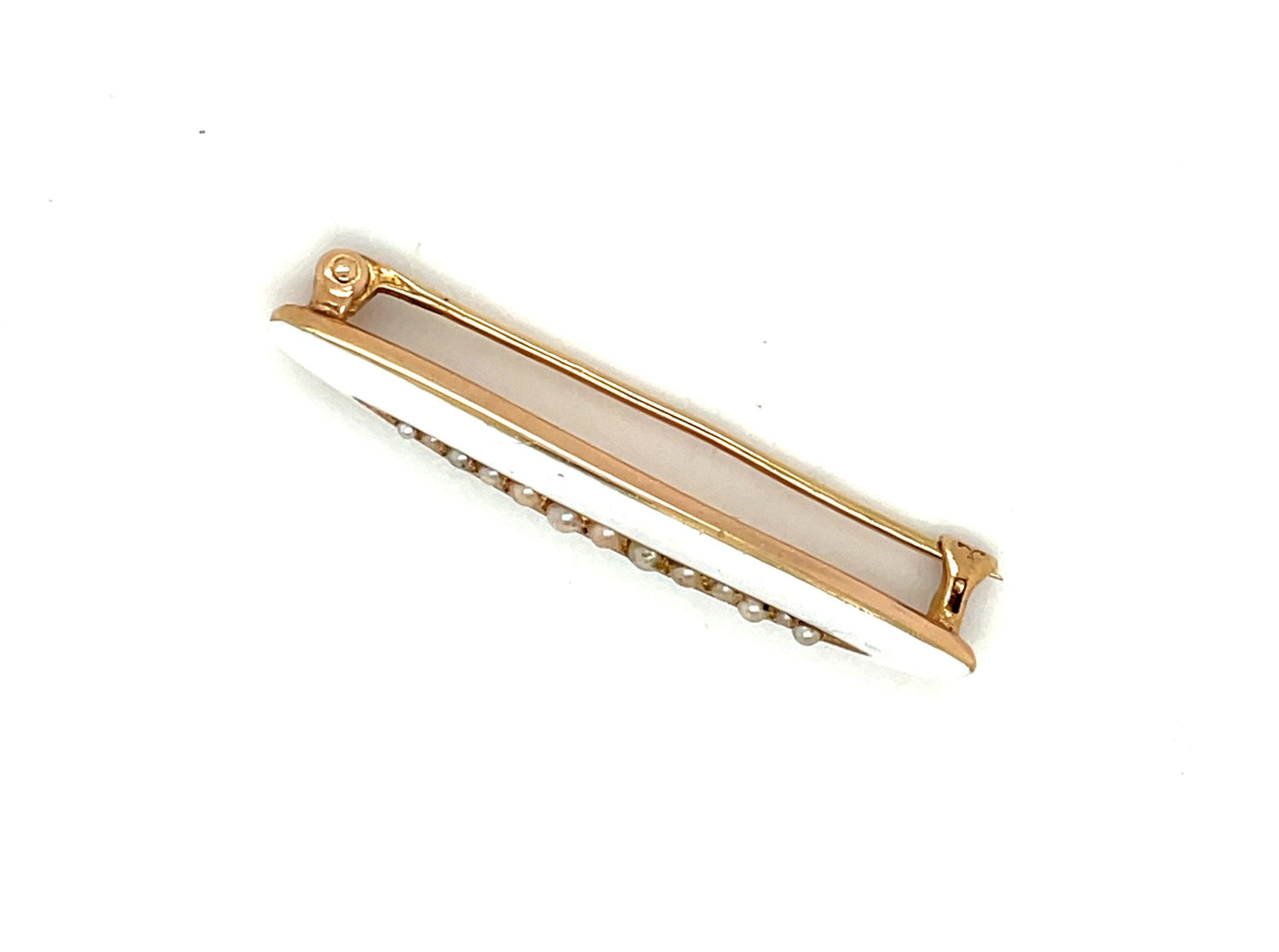 VIctorian 14k Yellow Gold Seed Pearls White Enamel Pin