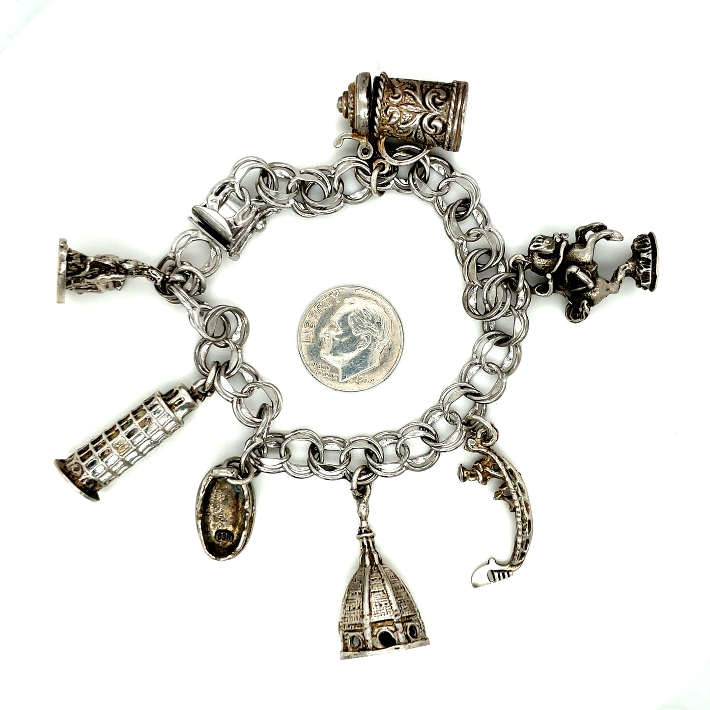 Vintage Sterling Silver European Charm Bracelet 7 Charms 38.3 Grams 7 7/8"