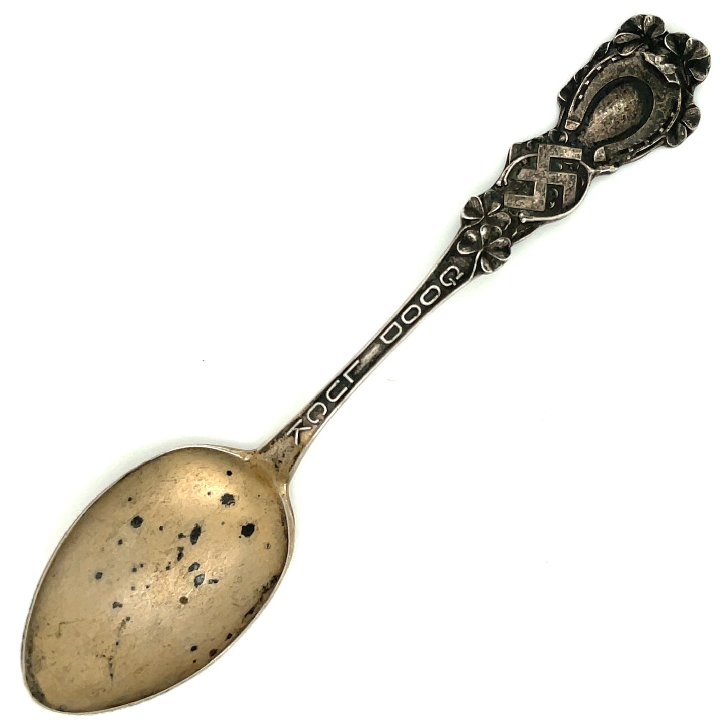Sterling Silver Souvenir Spoon Good Luck Four Leaf Clover Horseshoe Whirling Logs