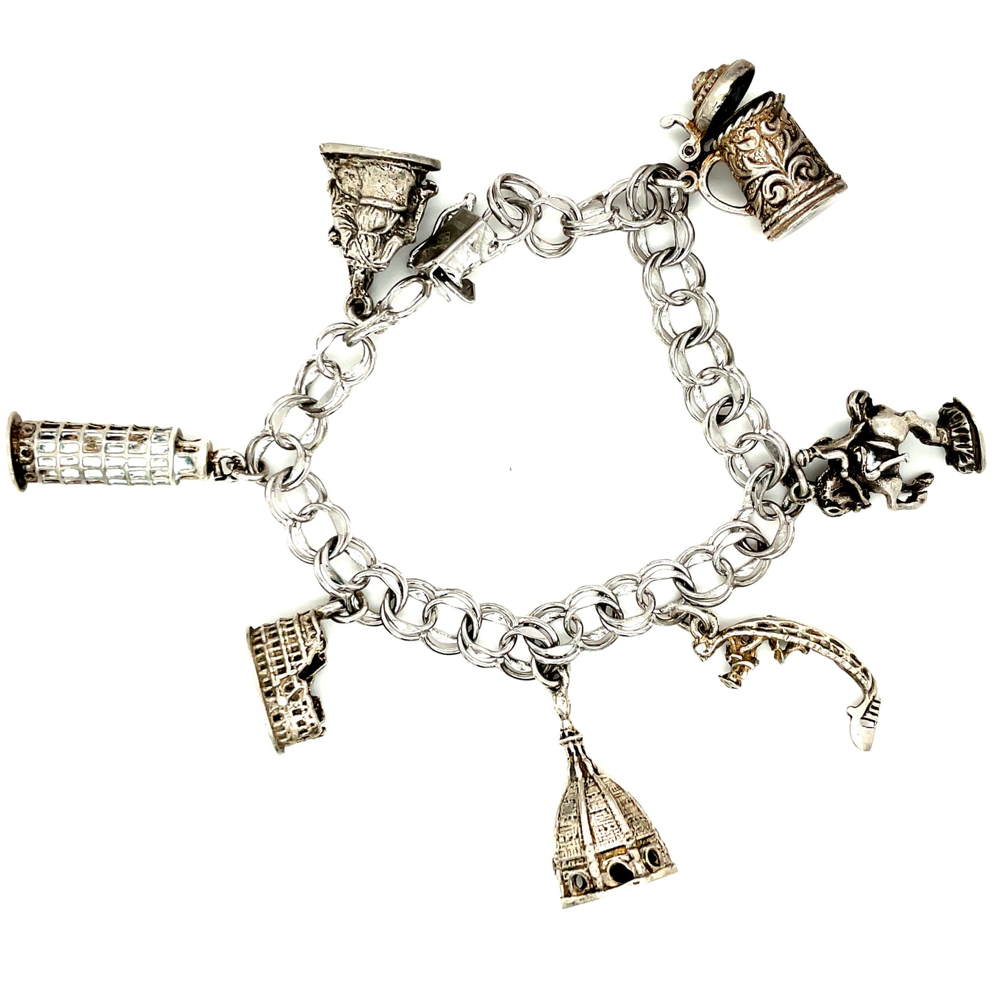 Vintage Sterling Silver European Charm Bracelet 7 Charms 38.3 Grams 7 7/8"