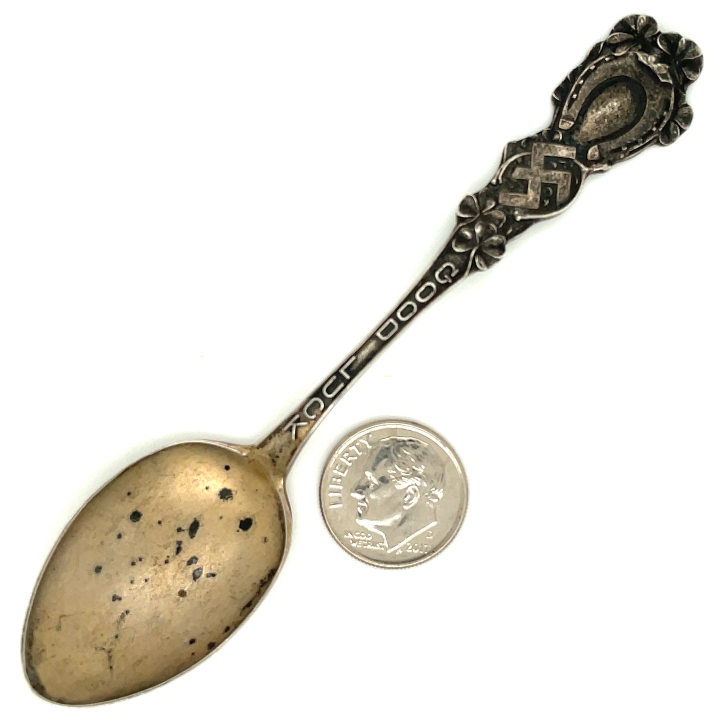 Sterling Silver Souvenir Spoon Good Luck Four Leaf Clover Horseshoe Whirling Logs