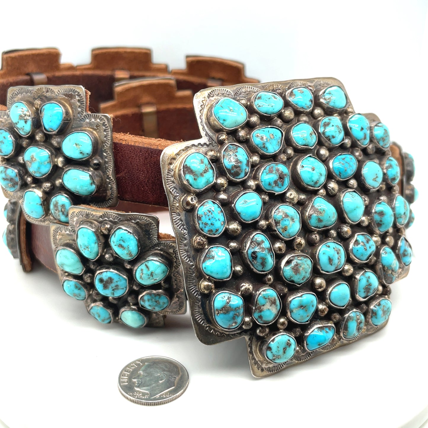 Vintage Morenci Turquoise and Sterling Silver Santa Fe Cross Belt Buckle and Conchos Daniel Martinez
