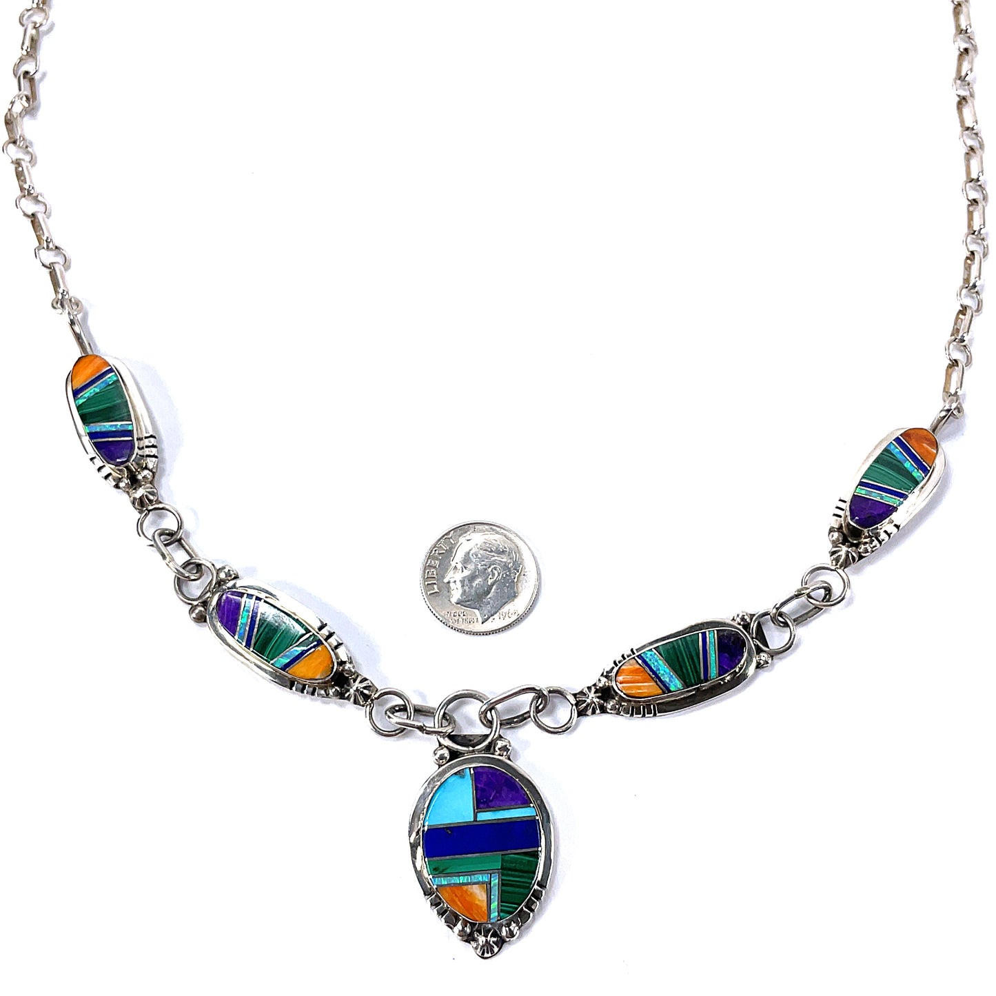 Southwestern Sterling Silver Inlay Necklace 38g 25 1/2"