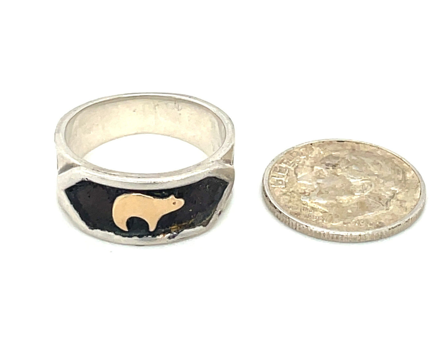 Vintage Southwestern Sterling Silver and 14k Gold Fetish Bear Ring Size 6 1/4”