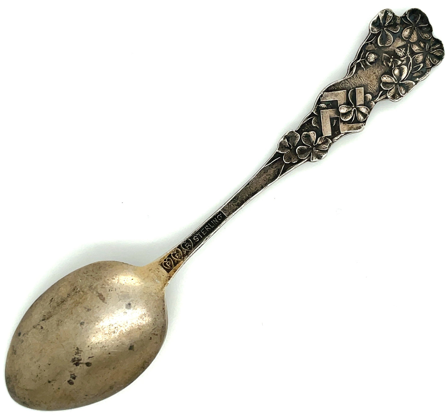 Sterling Silver Souvenir Spoon Good Luck Four Leaf Clover Horseshoe Whirling Logs
