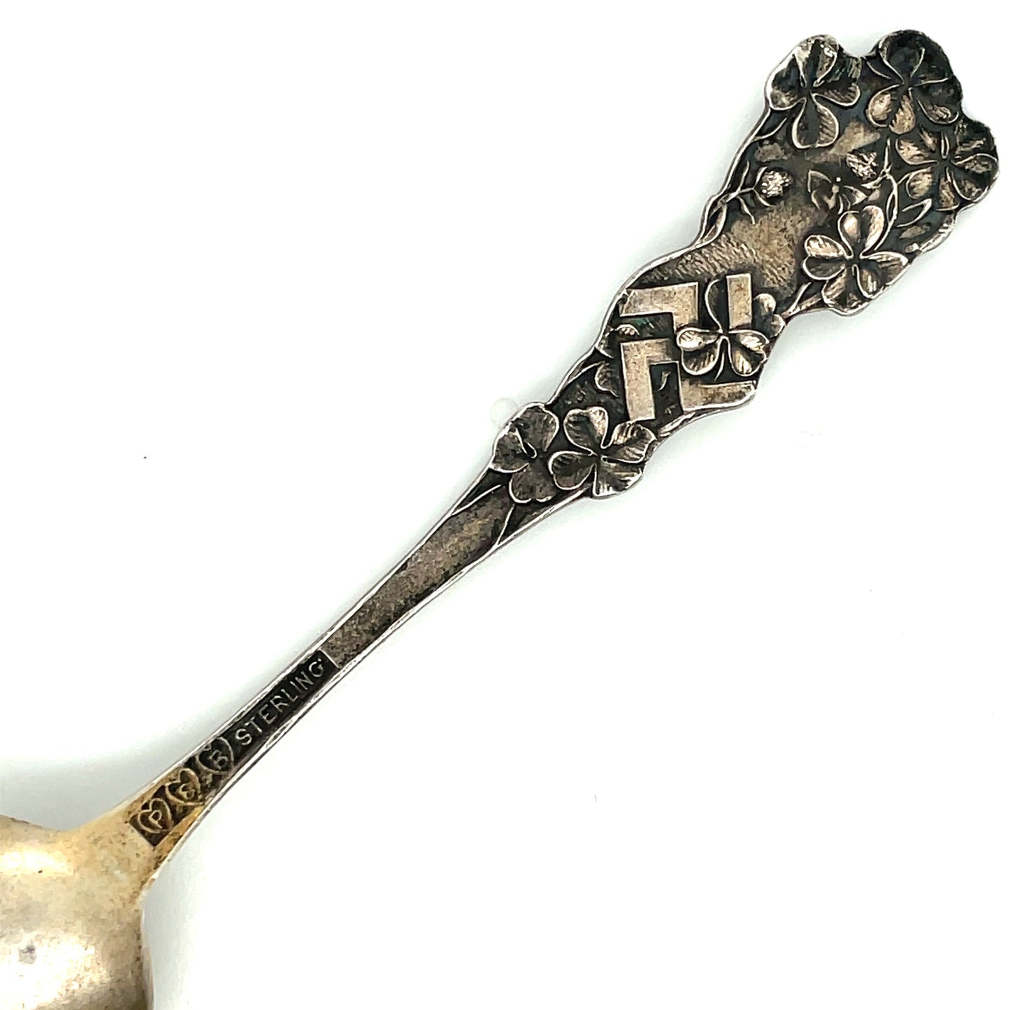 Sterling Silver Souvenir Spoon Good Luck Four Leaf Clover Horseshoe Whirling Logs