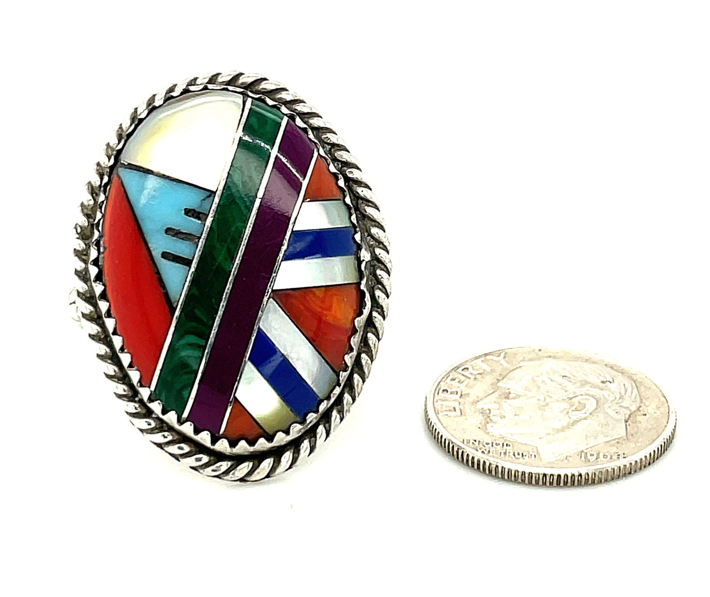 Southwestern Sterling Silver Inlay Ring 8.4 Grams Size 8