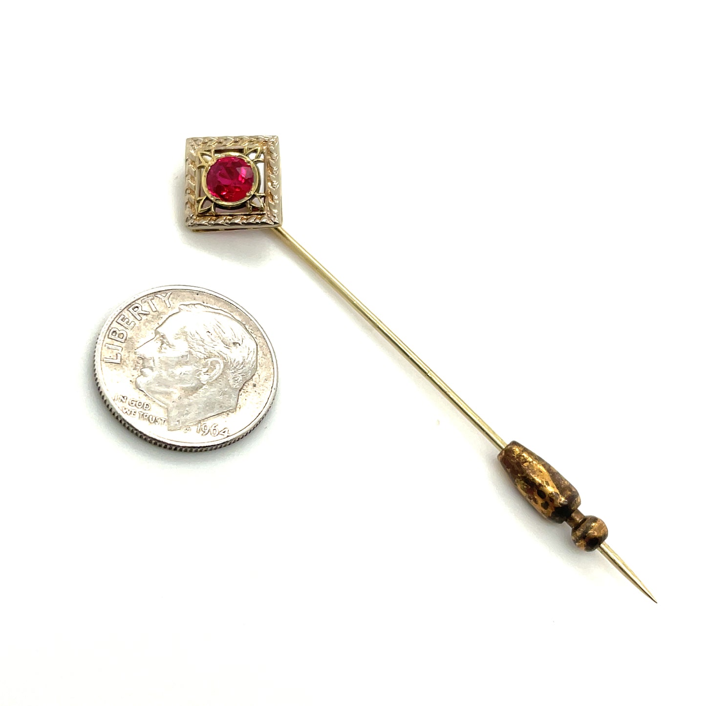 Antique Hand Fabricated 14k Gold Stick Pin With .25 CT Synthetic Ruby 1.6 grams