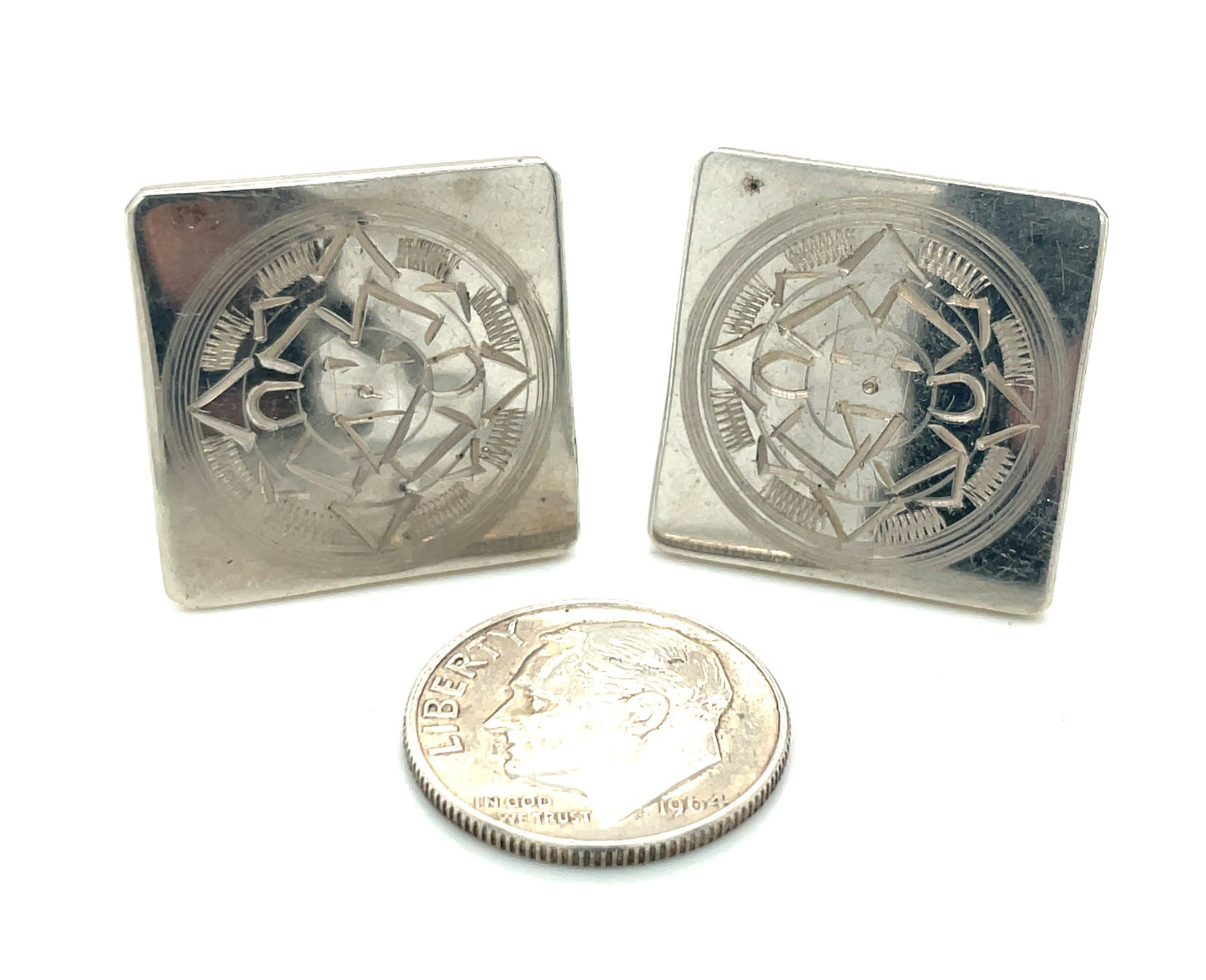 Vintage Sterling Silver Cuff Links Aztec Sun God Mexico 17.5 Grams