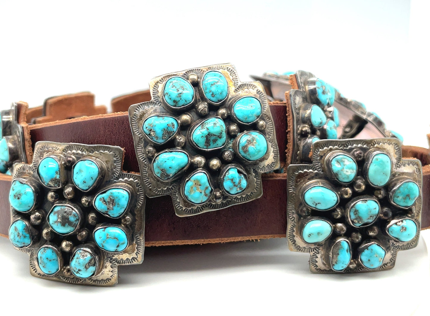 Vintage Morenci Turquoise and Sterling Silver Santa Fe Cross Belt Buckle and Conchos Daniel Martinez