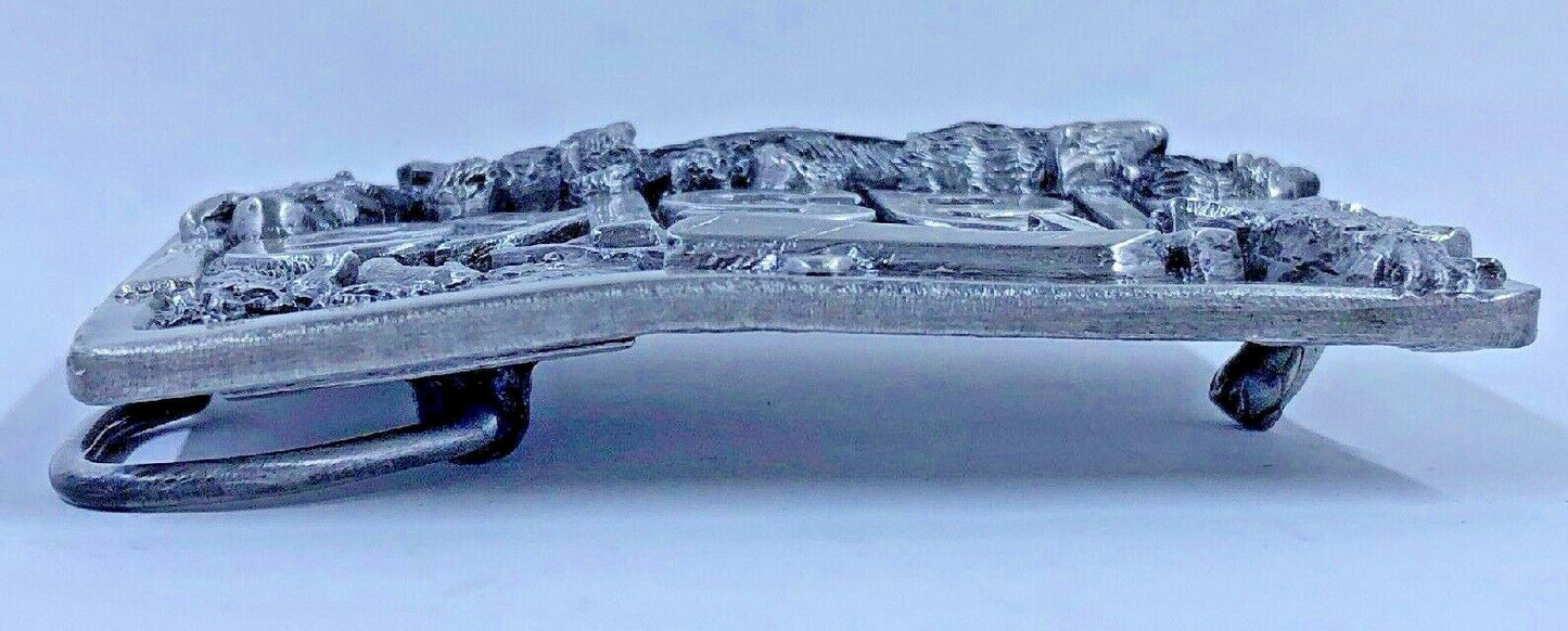 Vintage Alaska Belt Buckle In Box Souvenir Belt Buckle 1984 Dog Sled Moose Plane