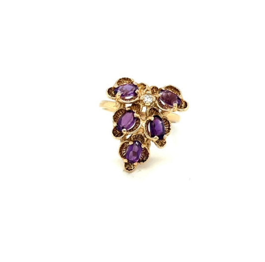 Vintage 10k Yellow Gold Amethyst and Diamond Ring Size 6