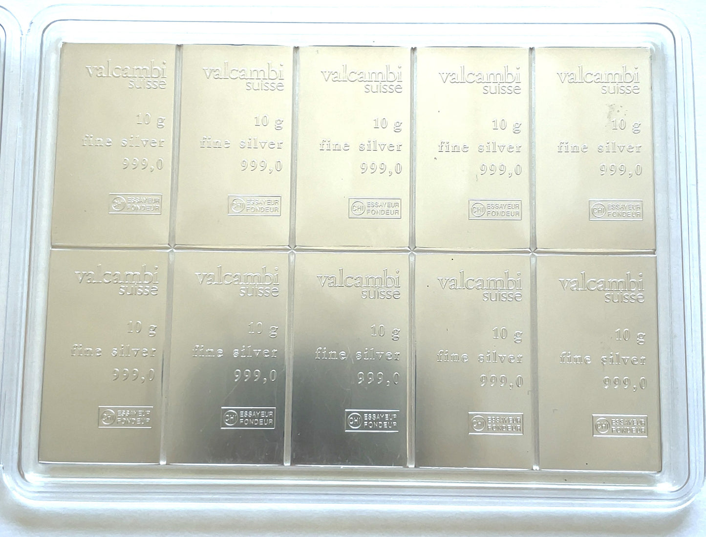 Valcambi Suisse 999 100g Fine Silver CombiBar 10 x 10 g Assay Card Break Apart
