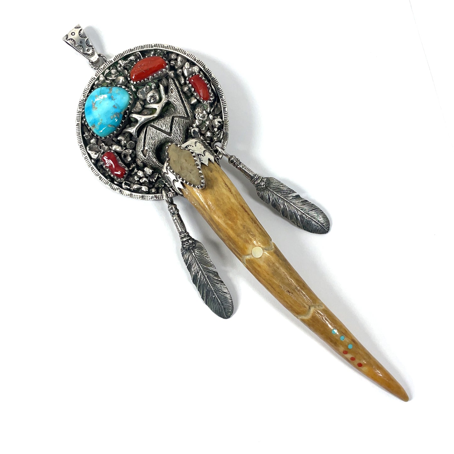 Vintage Sterling Silver Turquoise Coral Antler Pendant by D Robert Smith