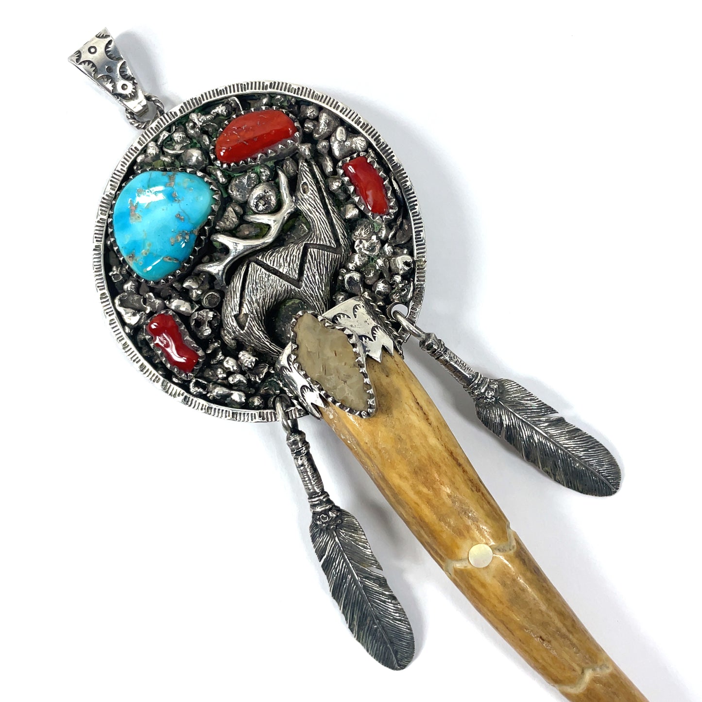 Vintage Sterling Silver Turquoise Coral Antler Pendant by D Robert Smith