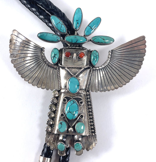 Vintage Jim Ray Eagle Dancer Sterling Silver Turquoise Coral Bolo Tie Navajo Southwestern