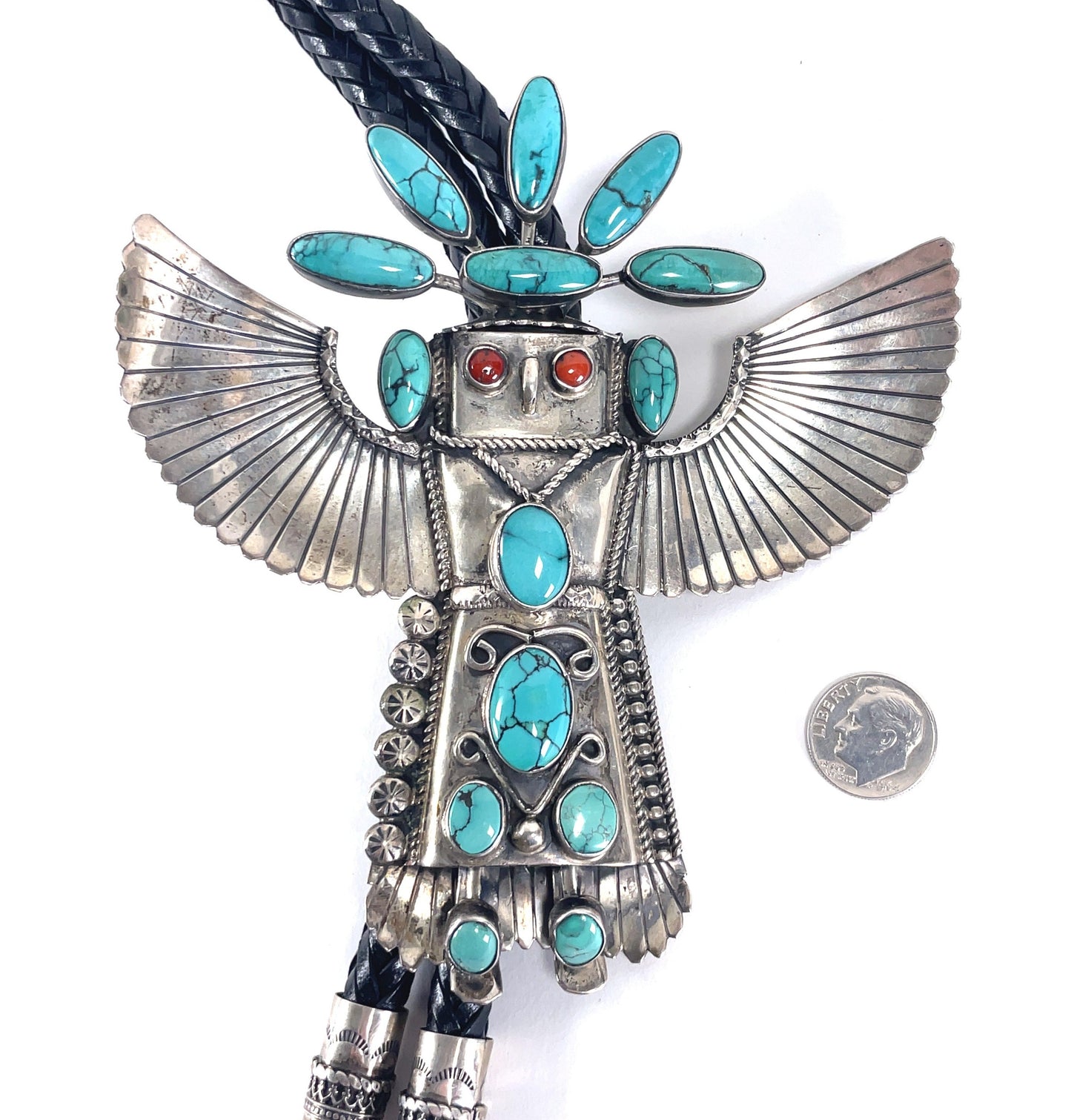 Vintage Jim Ray Eagle Dancer Sterling Silver Turquoise Coral Bolo Tie Navajo Southwestern