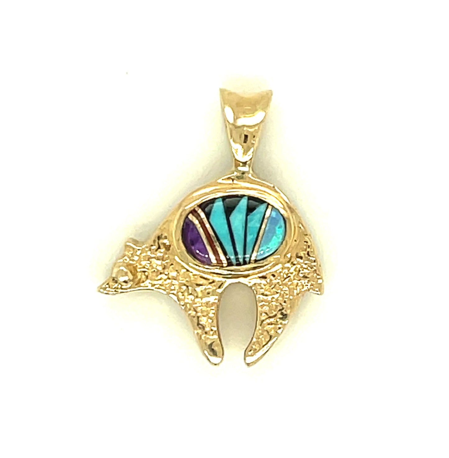 Vintage Southwestern 14k Yellow Gold Inlay Fetish Bear Pendant Reversible 4.7g