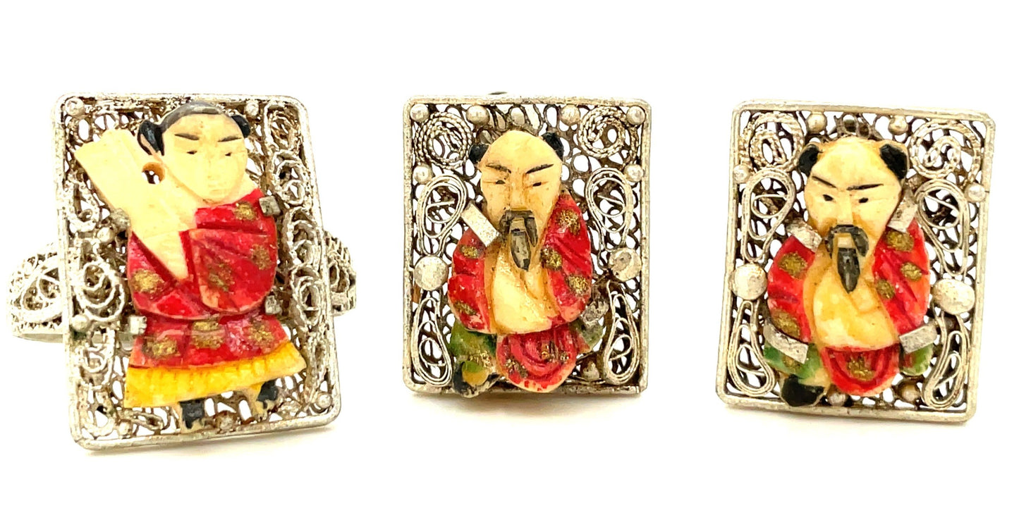 Vintage Carved Bone Chinese Immortal Gods Bracelet Ring Brooch Earrings Set