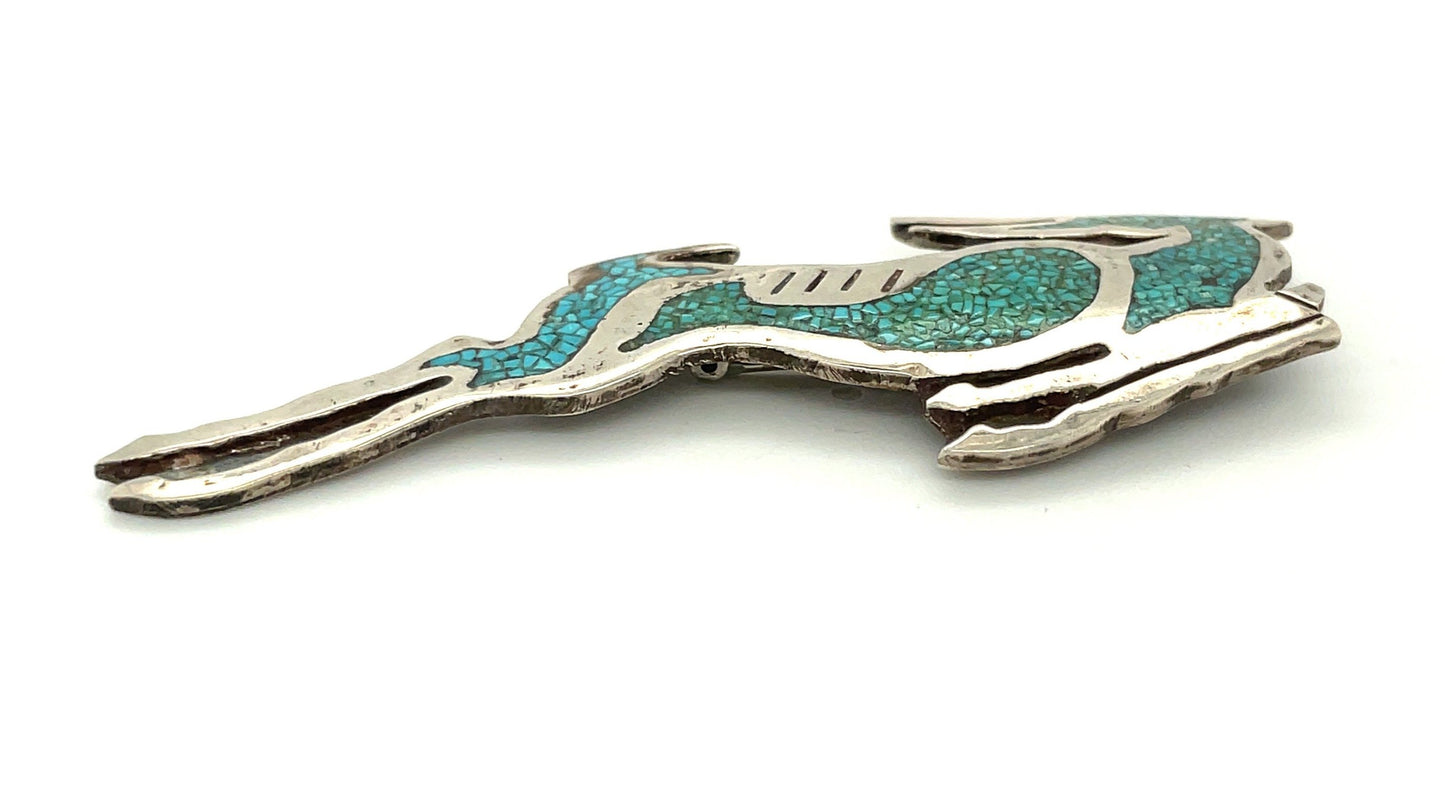 Vintage Sterling Silver and Turquoise Inlay Gazelle / Antelope Pin